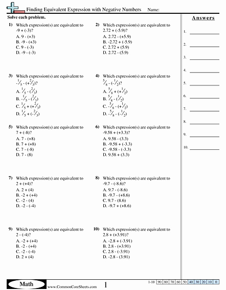 Equivalent Expressions Worksheet 6th Grade Luxury 7 Ns 1c Worksheets