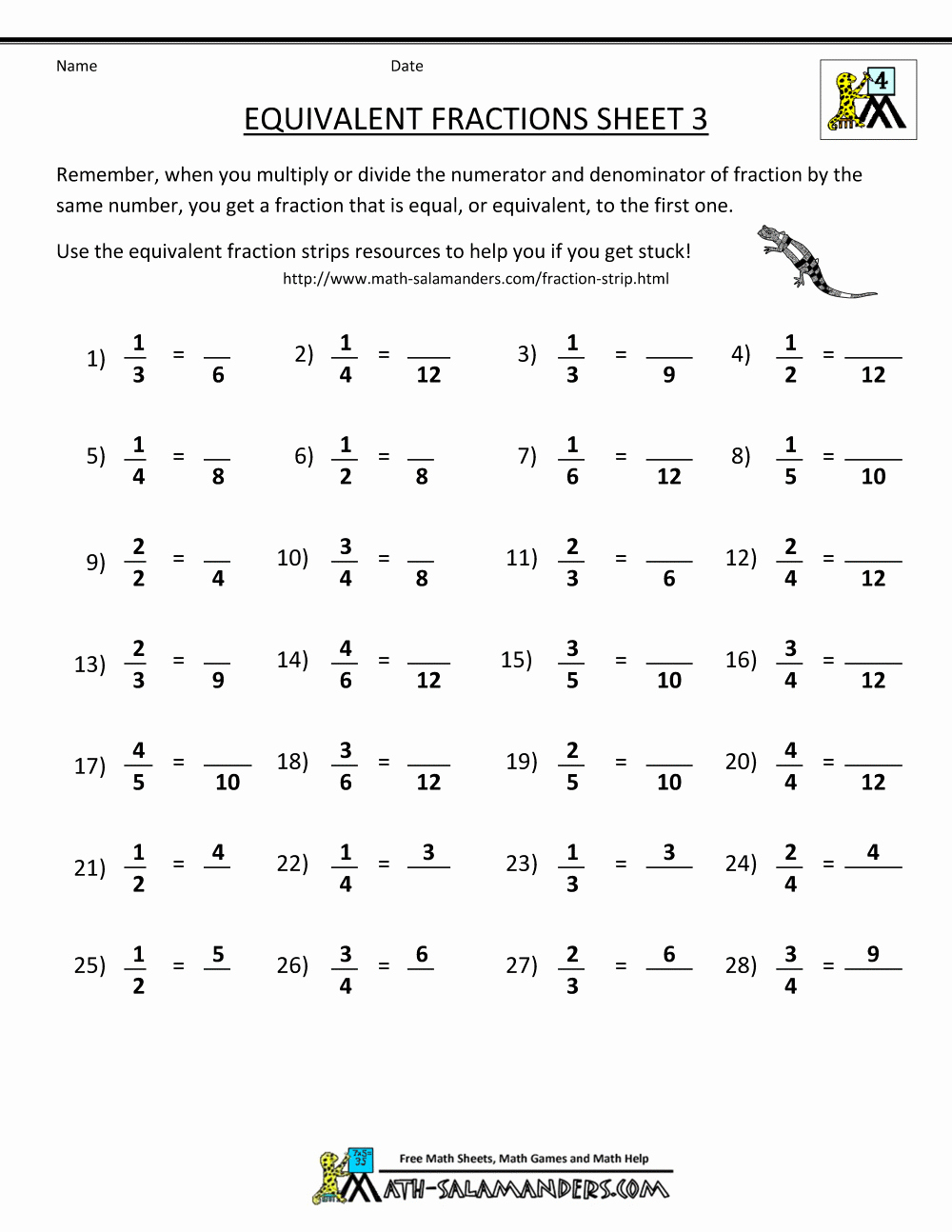 Equivalent Fractions Worksheet With Pictures