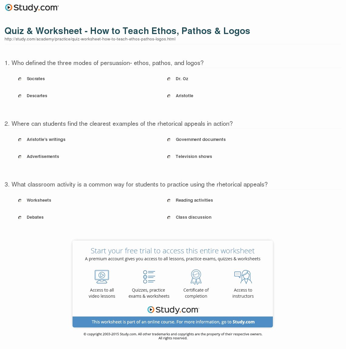 Ethos Pathos Logos Worksheet Answers Unique Quiz &amp; Worksheet How to Teach Ethos Pathos &amp; Logos