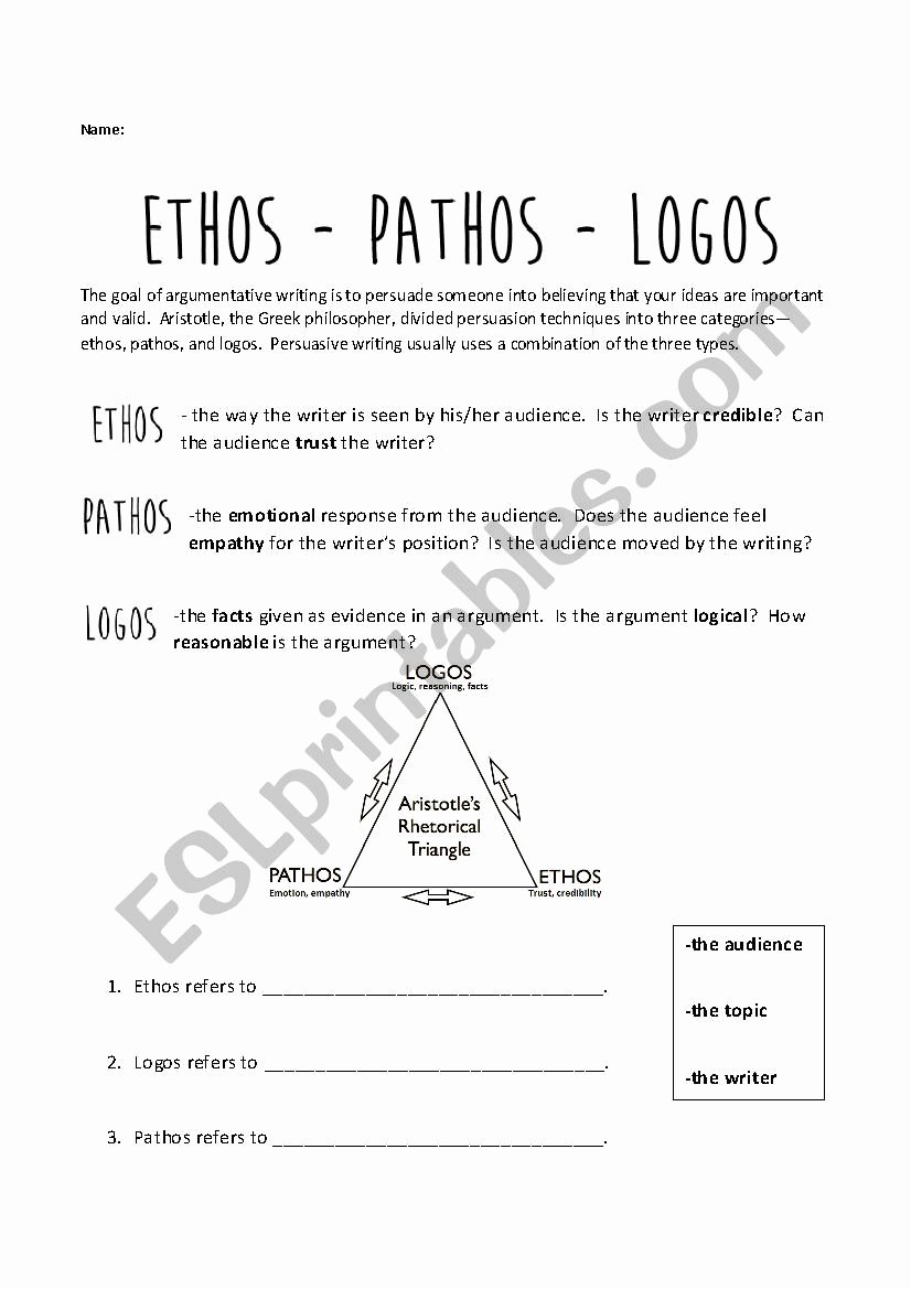 Ethos Pathos Logos Worksheet Best Of Ethos Pathos Logos Esl Worksheet by Jess Ica