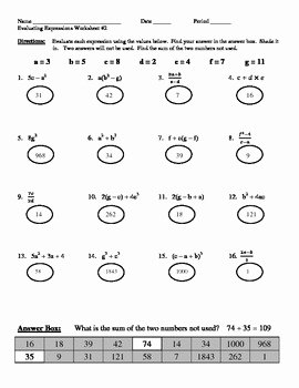 Evaluate the Expression Worksheet Beautiful Evaluating Expressions Worksheet 2 by Marvelous Math