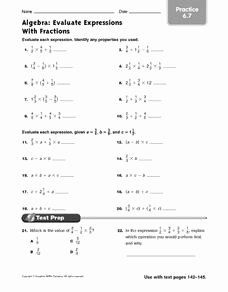 Evaluate the Expression Worksheet Unique Algebra Evaluate Expressions with Fractions Practice 6 7