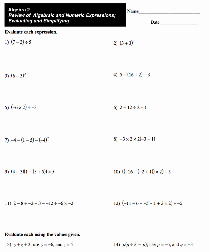 Evaluating Algebraic Expressions Worksheet Awesome Algebra 2