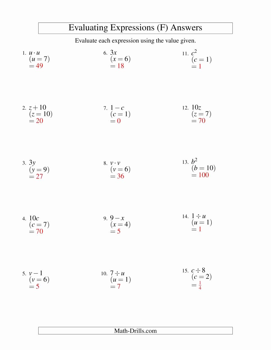 Evaluating Algebraic Expressions Worksheet Awesome Evaluating E Step Algebraic Expressions with E