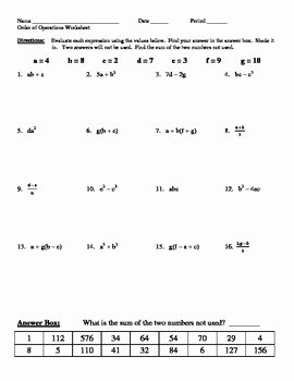 Evaluating Algebraic Expressions Worksheet Awesome Evaluating Expressions Worksheet 1 by Marvelous Math