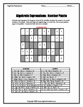 Evaluating Algebraic Expressions Worksheet Best Of Evaluating Algebraic Expressions Number Puzzle Worksheet