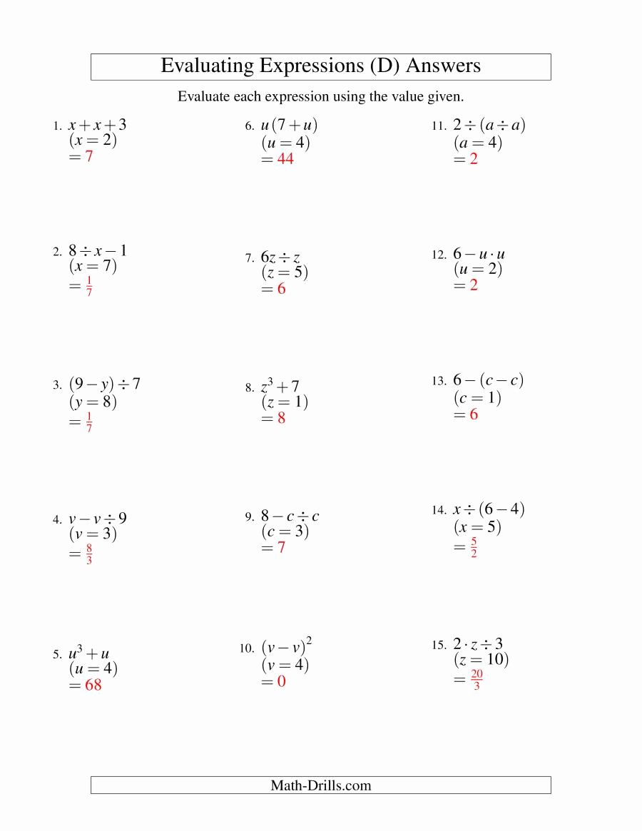 Evaluating Algebraic Expressions Worksheet Best Of Evaluating Two Step Algebraic Expressions with E