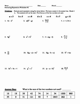 Evaluating Algebraic Expressions Worksheet Inspirational Evaluating Expressions Worksheet 2 by Marvelous Math
