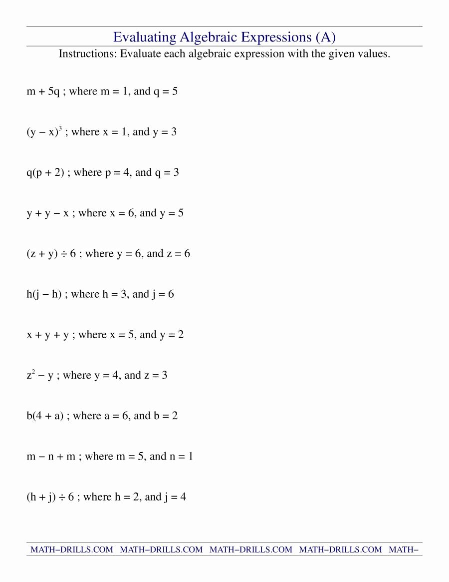 Evaluating Algebraic Expressions Worksheet Lovely Evaluating Algebraic Expressions A