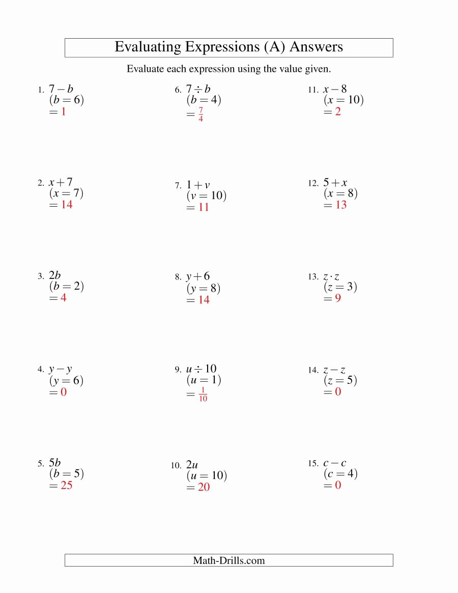 Evaluating Algebraic Expressions Worksheet Lovely Evaluating E Step Algebraic Expressions with E
