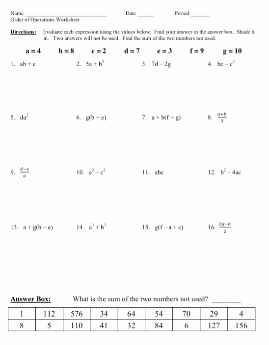 Evaluating Algebraic Expressions Worksheet New Ms Lee S Math Class January 2016