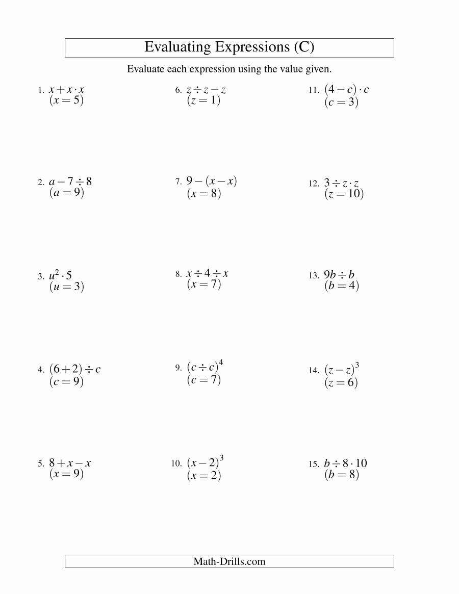 Evaluating Algebraic Expressions Worksheet Pdf Awesome Evaluating Two Step Algebraic Expressions with E
