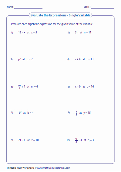 Evaluating Algebraic Expressions Worksheet Pdf Best Of Evaluating Expressions Single Variable