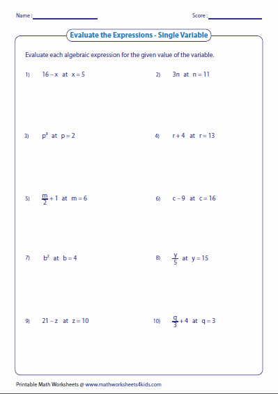 Algebraic Expressions Worksheet Pdf