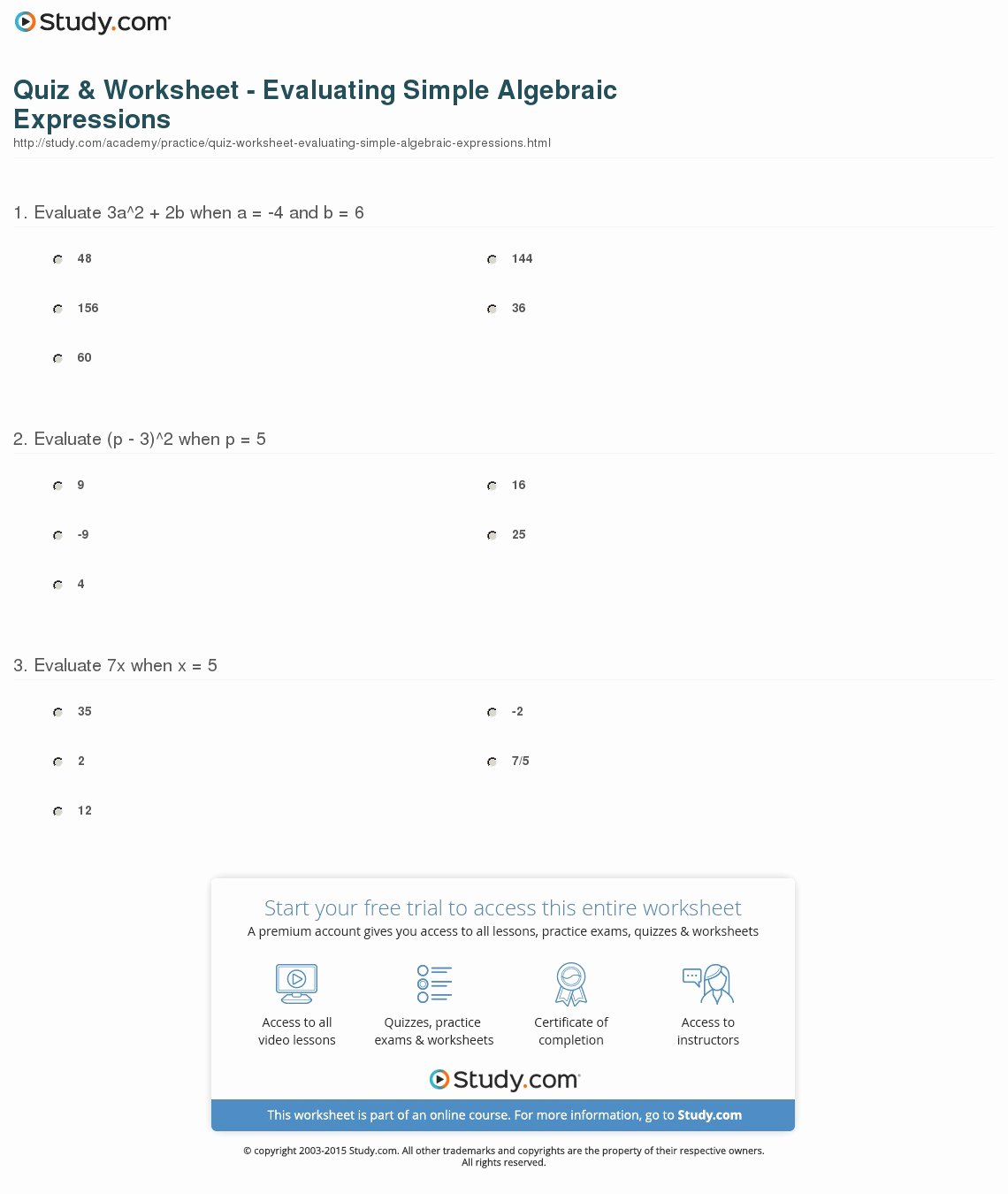 Evaluating Algebraic Expressions Worksheet Pdf Fresh Quiz &amp; Worksheet Evaluating Simple Algebraic Expressions