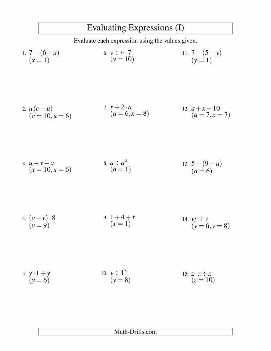 Evaluating Algebraic Expressions Worksheet Pdf Inspirational Evaluating Two Step Algebraic Expressions with Two