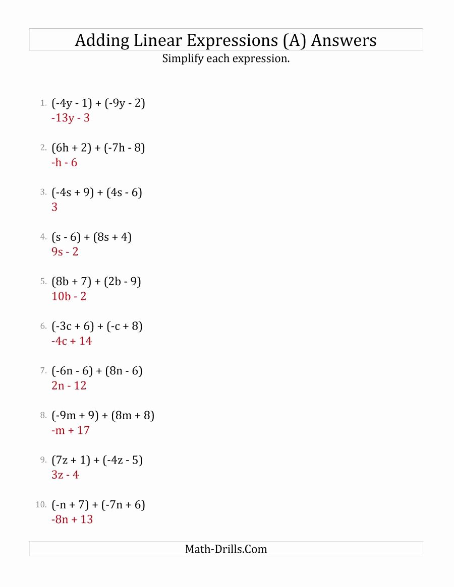 Evaluating Algebraic Expressions Worksheet Pdf New Adding and Simplifying Linear Expressions All