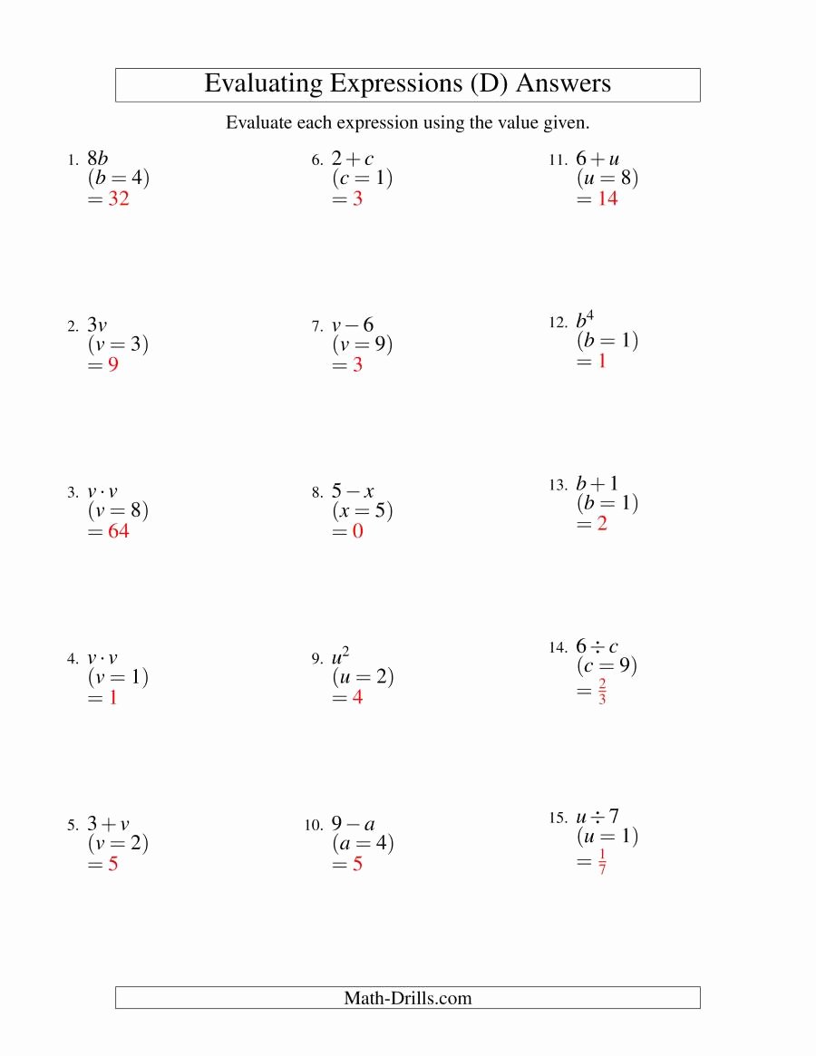 Evaluating Algebraic Expressions Worksheet Unique Evaluating E Step Algebraic Expressions with E