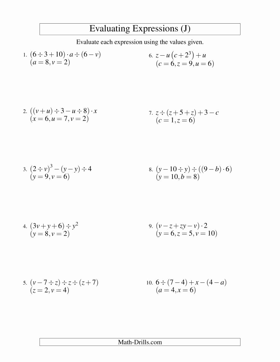 Evaluating Algebraic Expressions Worksheet Unique Evaluating Five Step Algebraic Expressions with Three