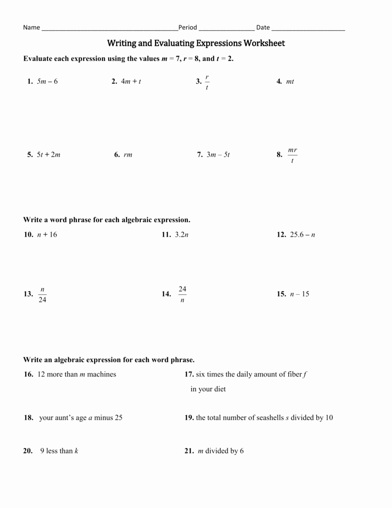 Evaluating Functions Worksheet Algebra 1 Awesome Writing and Evaluating Expressions Worksheet