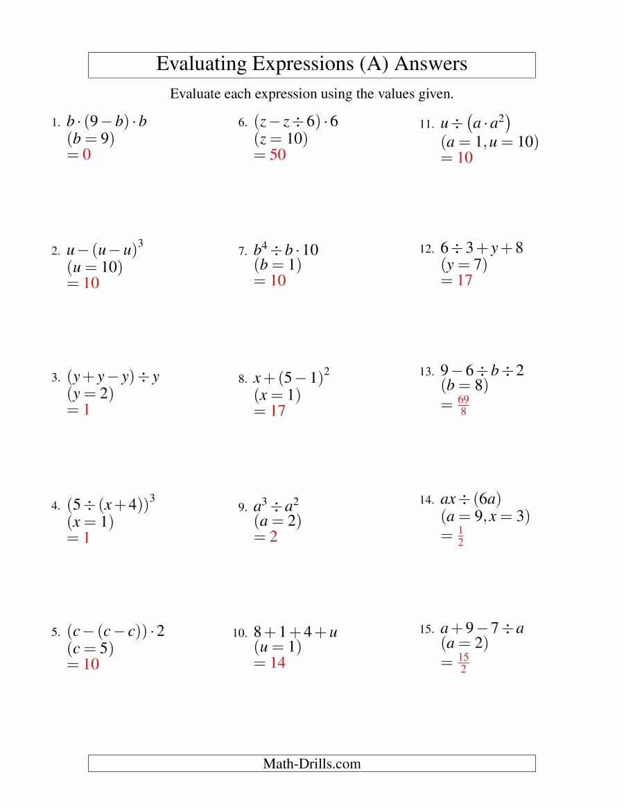 Evaluating Functions Worksheet Algebra 1 Unique Evaluating Three Step Algebraic Expressions with Two