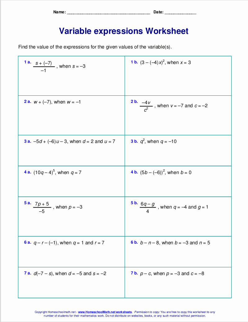 Evaluating Functions Worksheet Algebra 1 Unique Free Worksheets for Evaluating Expressions with Variables