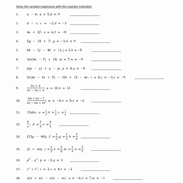 50 Evaluating Variable Expressions Worksheet