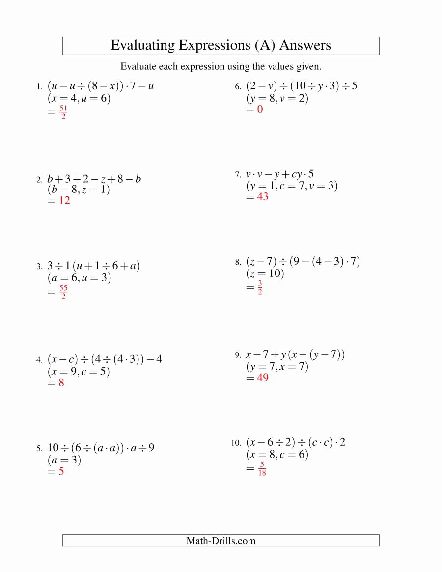 Evaluating Variable Expressions Worksheet Fresh Evaluating Five Step Algebraic Expressions with Three