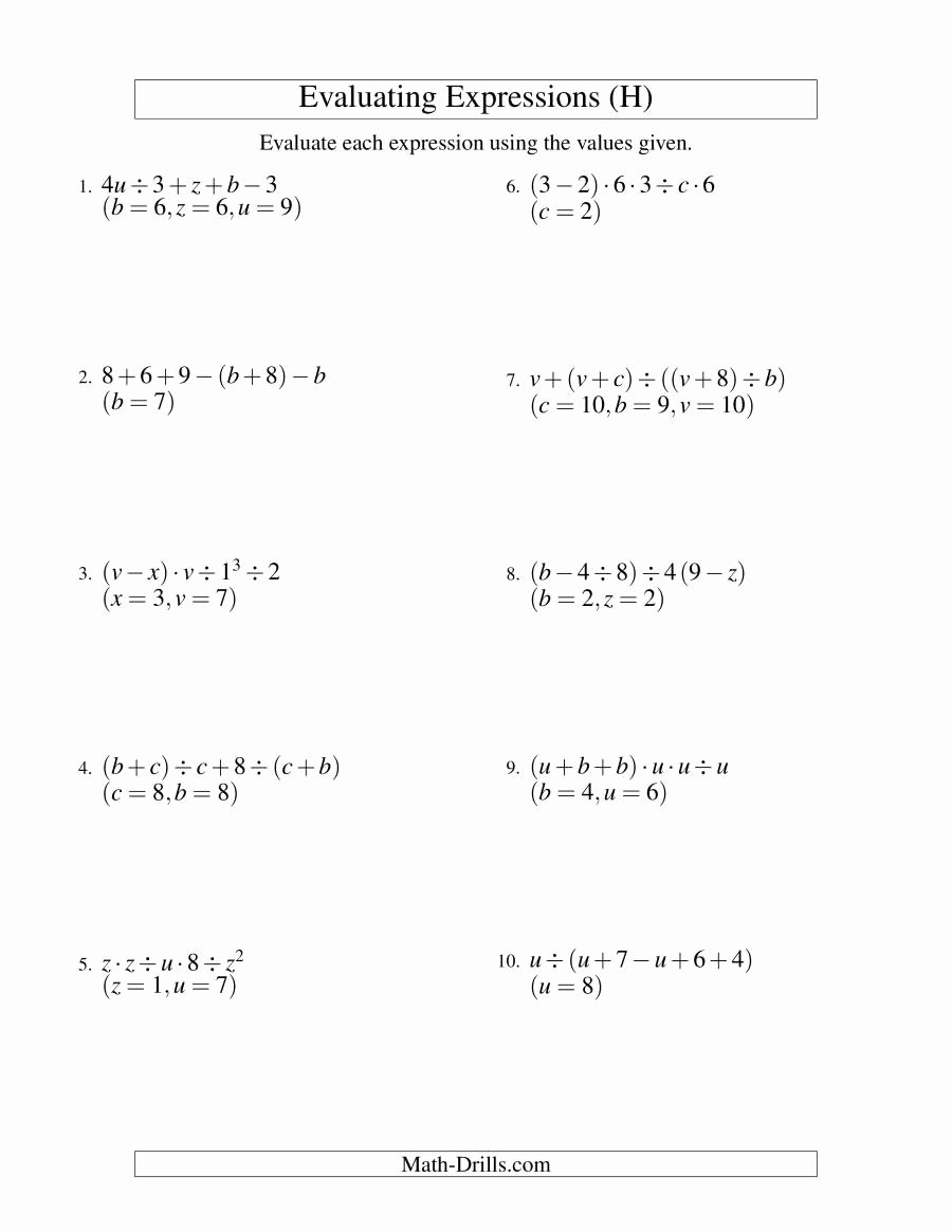 Evaluating Variable Expressions Worksheet Fresh Evaluating Five Step Algebraic Expressions with Three