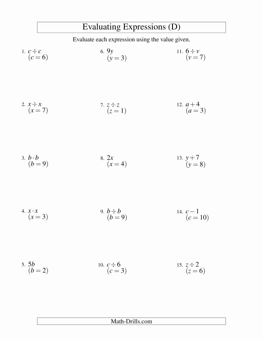 Evaluating Variable Expressions Worksheet Inspirational Evaluating E Step Algebraic Expressions with E