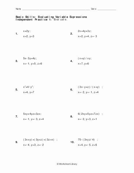 Evaluating Variable Expressions Worksheet Inspirational Evaluating Variable Expressions Worksheet for 7th 9th