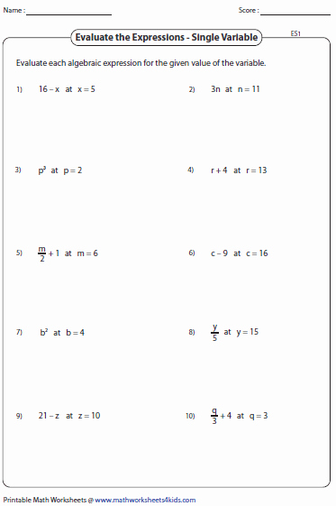 Evaluating Variable Expressions Worksheet Lovely Evaluating Algebraic Expression Worksheets
