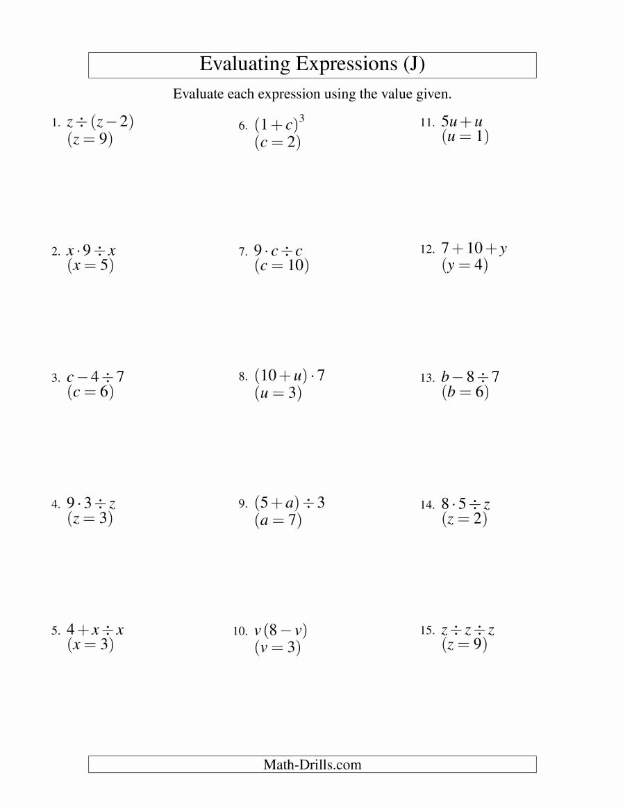 Evaluating Variable Expressions Worksheet Lovely Evaluating Two Step Algebraic Expressions with E