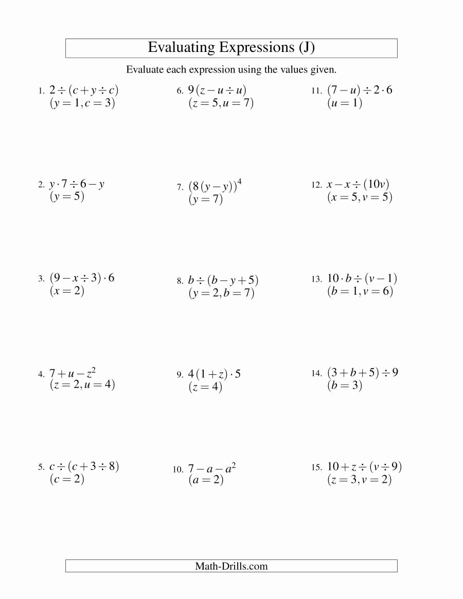 Evaluating Variable Expressions Worksheet New Evaluating Three Step Algebraic Expressions with Two