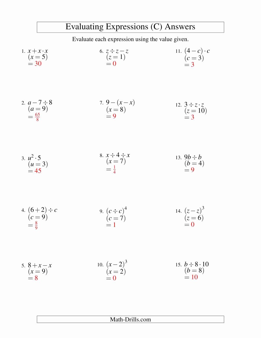 Evaluating Variable Expressions Worksheet New Evaluating Two Step Algebraic Expressions with E