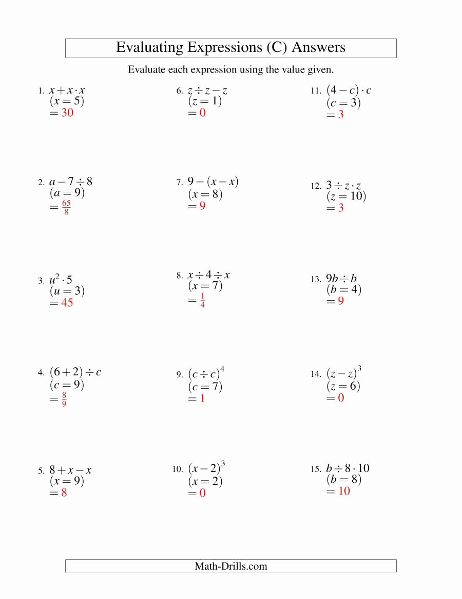 Evaluating Variable Expressions Worksheet