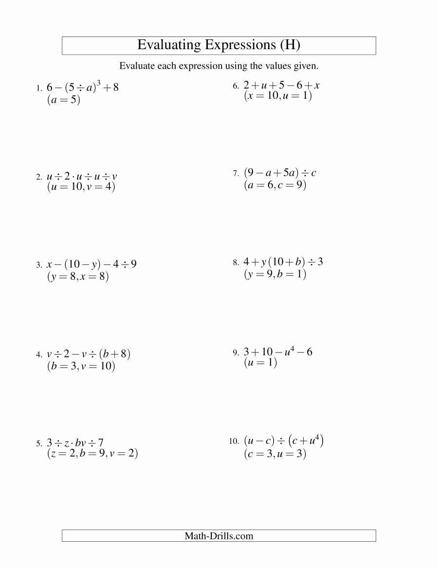 Evaluating Variable Expressions Worksheet Unique Evaluating Four Step Algebraic Expressions with Three