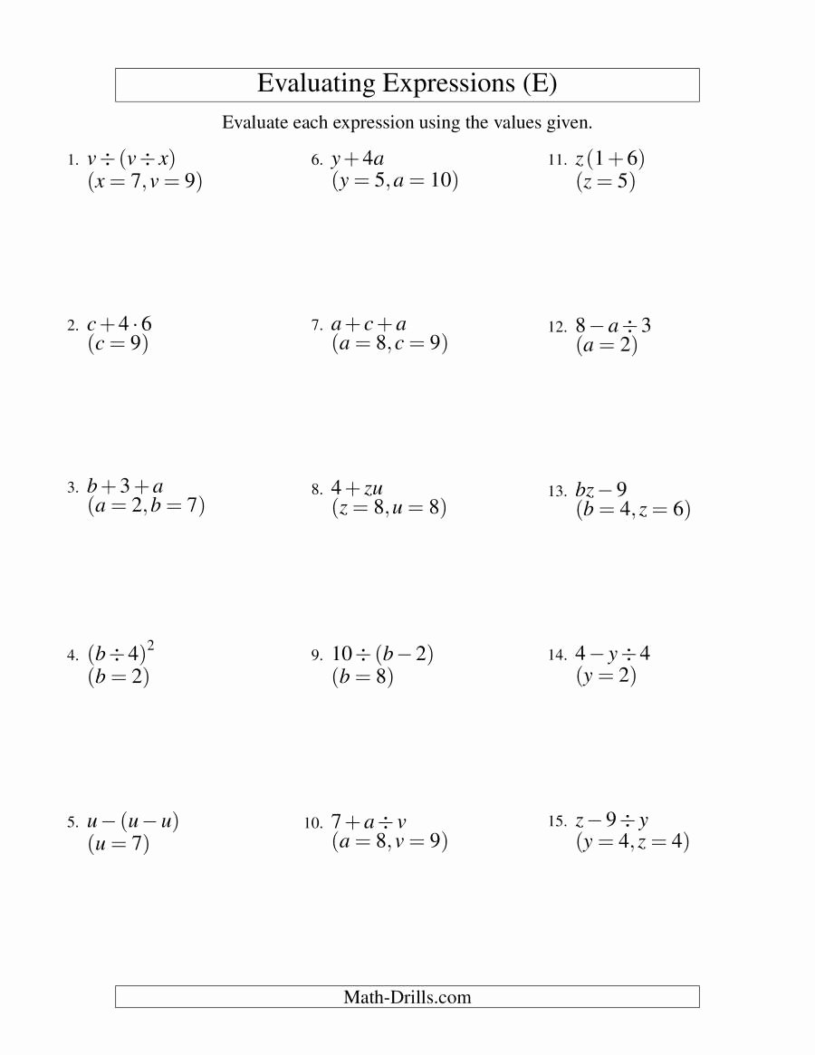 Evaluating Variable Expressions Worksheet Unique Evaluating Two Step Algebraic Expressions with Two
