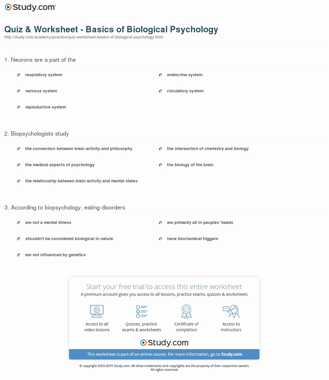 Experimental Design Worksheet Answers Unique Quiz &amp; Worksheet Basics Of Biological Psychology