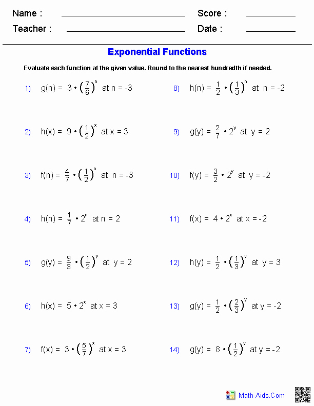 Exponential Function Worksheets