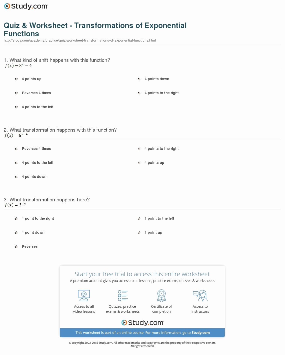 Exponential Functions Worksheet Answers Elegant Quiz &amp; Worksheet Transformations Of Exponential