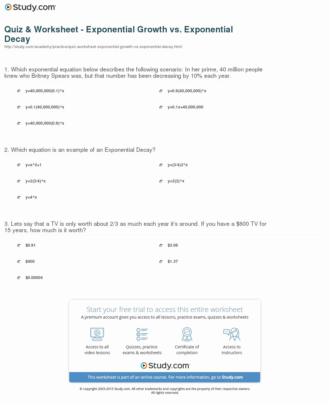 Exponential Growth and Decay Worksheet Lovely Quiz &amp; Worksheet Exponential Growth Vs Exponential