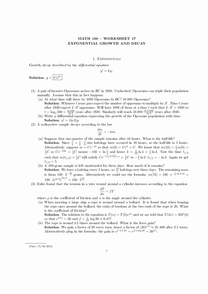 Exponential Growth and Decay Worksheet New Math 100 U00 Worksheet 17 Exponential Growth and Decay 1