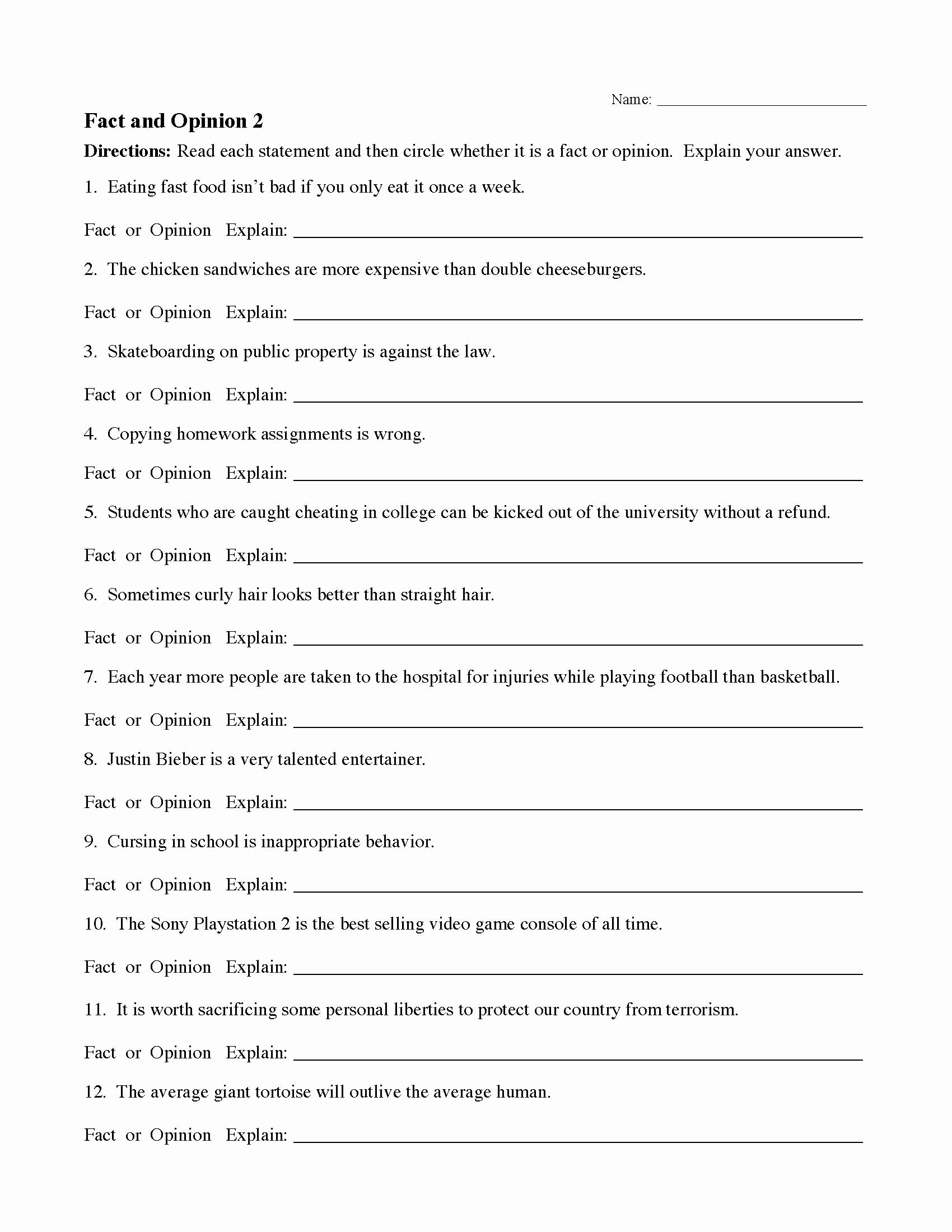 Fact or Opinion Worksheet Awesome Fact and Opinion Worksheet 2