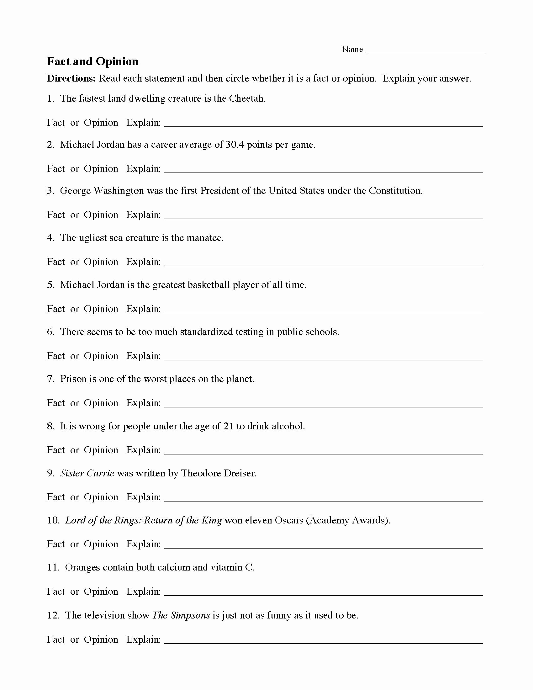 Fact or Opinion Worksheet Best Of Fact and Opinion Worksheet 1