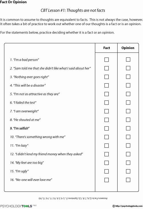 Fact or Opinion Worksheet Best Of Fact Opinion Cbt Worksheet
