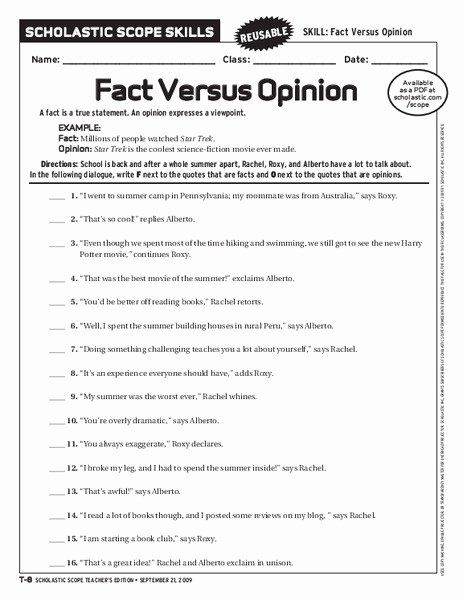 Fact or Opinion Worksheet Luxury Fact Versus Opinion Worksheet for 6th 9th Grade