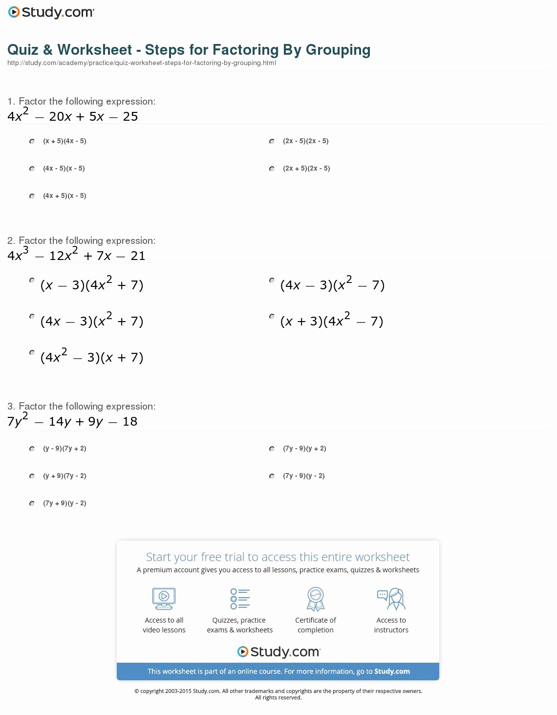 Factor by Grouping Worksheet New Quiz &amp; Worksheet Steps for Factoring by Grouping