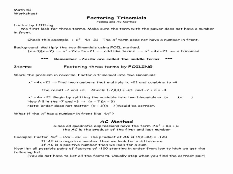 Factoring Ax2 Bx C Worksheet Unique Factoring Trinomials the form Ax2 Bx C Worksheet Free