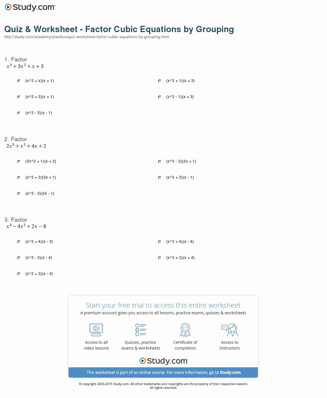 Factoring by Grouping Worksheet Answers Lovely Quiz &amp; Worksheet Factor Cubic Equations by Grouping